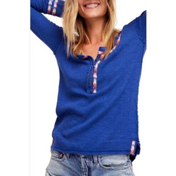 FREE PEOPLE Royal Blue Embroidered Thermal Top Boho Casual Loungewear Size S - Picture 2 of 10